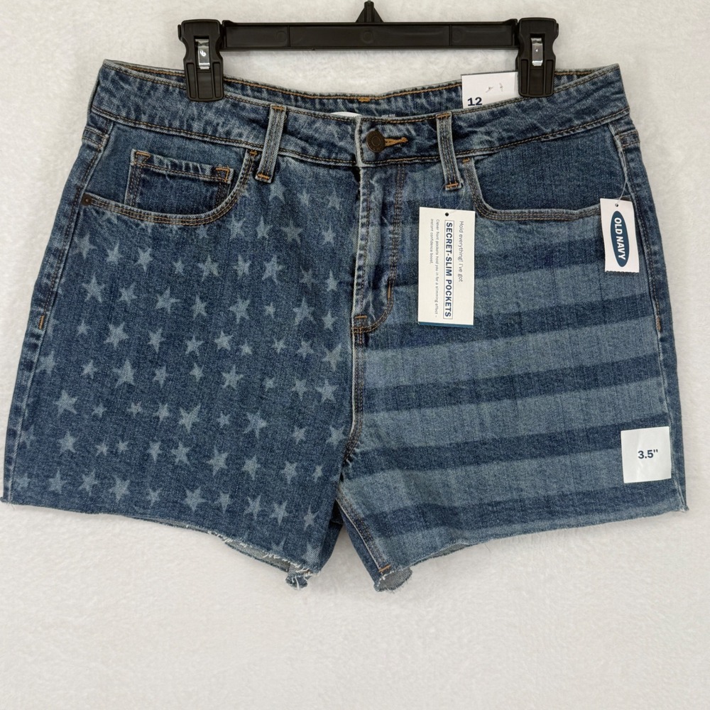 Old Navy High Rise Denim Shorts Womens 12 Blue Stars Stripes Americana New